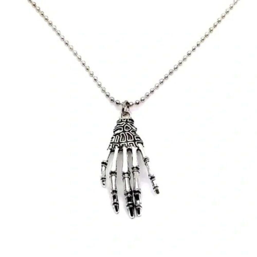 Skeleton Hand Necklace 23” Silver Tone Lightweight Goth Horror Jewelry